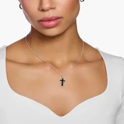 Store Kette Kreuz mit schwarzen Steinen Silber Damen Halsketten