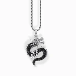 Hot Kette mit Drachen-Anhänger und schwarzen Steinen Silber Damen Halsketten|925 Silber