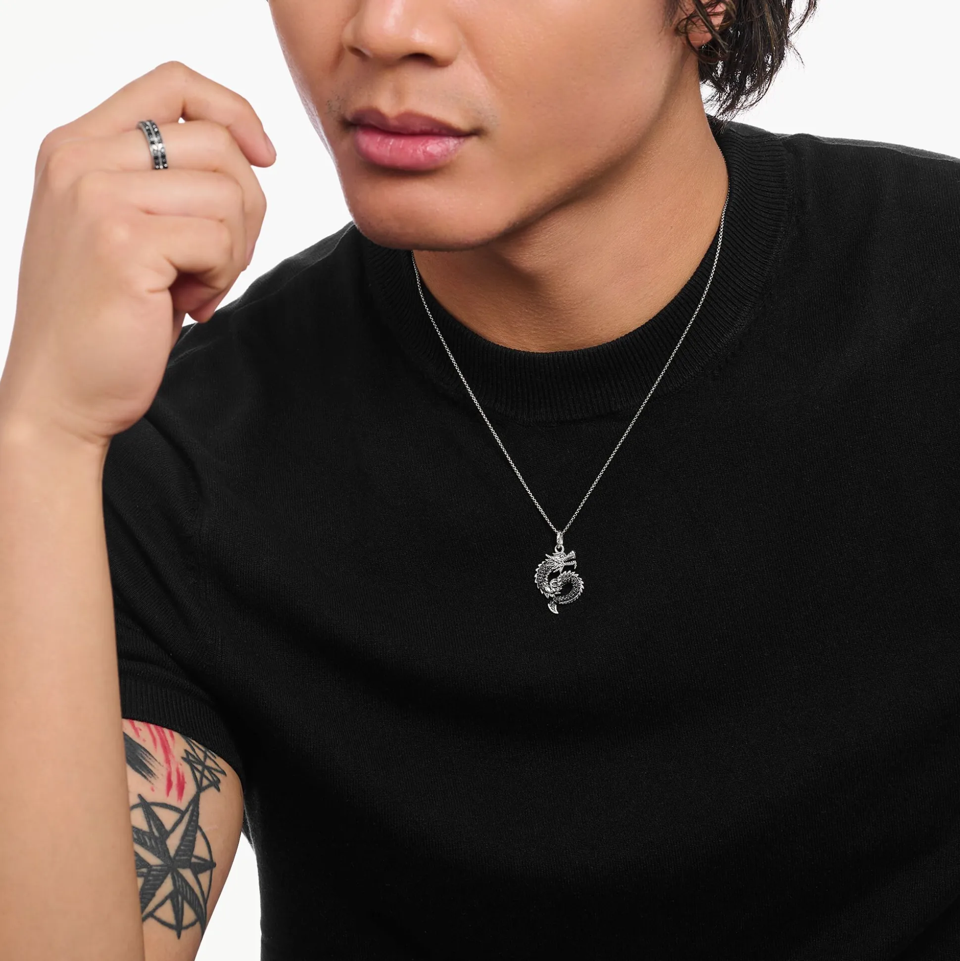 Hot Kette mit Drachen-Anhänger und schwarzen Steinen Silber Damen Halsketten|925 Silber