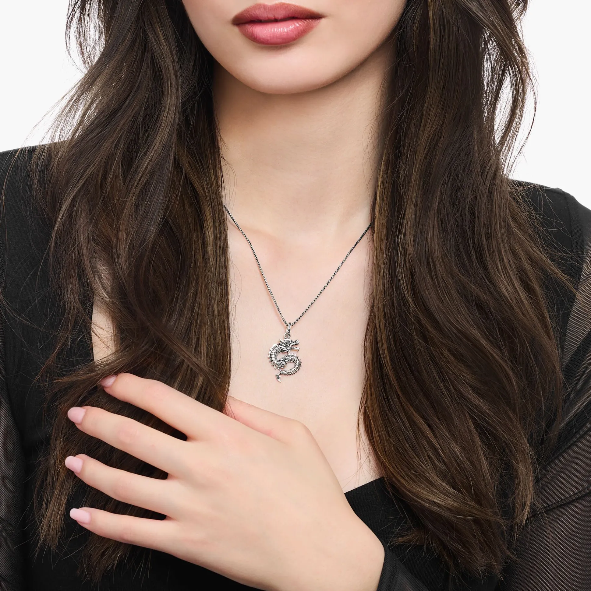 New Kette mit Drachen-Anhänger Silber geschwärzt Damen Halsketten|925 Silber
