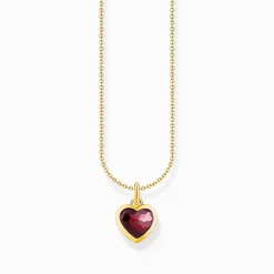 Fashion Kette mit dunkelrotem Herz-Anhänger vergoldet Damen Halsketten|18K Vergoldung - 925 Silber