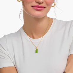 Best Sale Kette mit grünem Goldbären-Anhänger und Steinen vergoldet Damen Halsketten|18K Vergoldung - 925 Silber