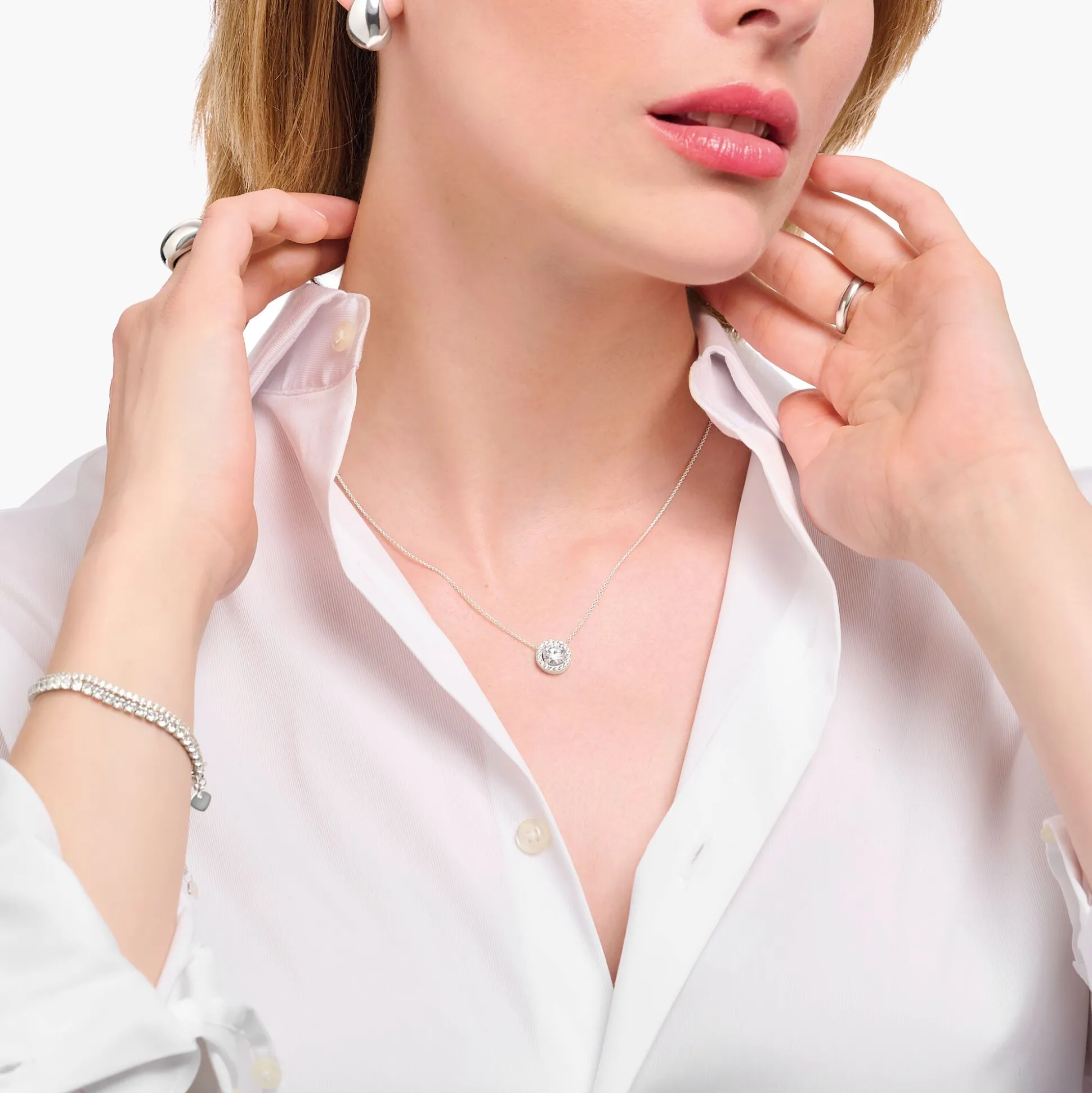 Online Kette mit Halo-Anhänger und weißen Steinen Silber Damen Halsketten|925 Silber