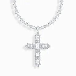 Best Kette mit Kreuzanhänger und weißen Steinen Silber Damen Halsketten|925 Silber