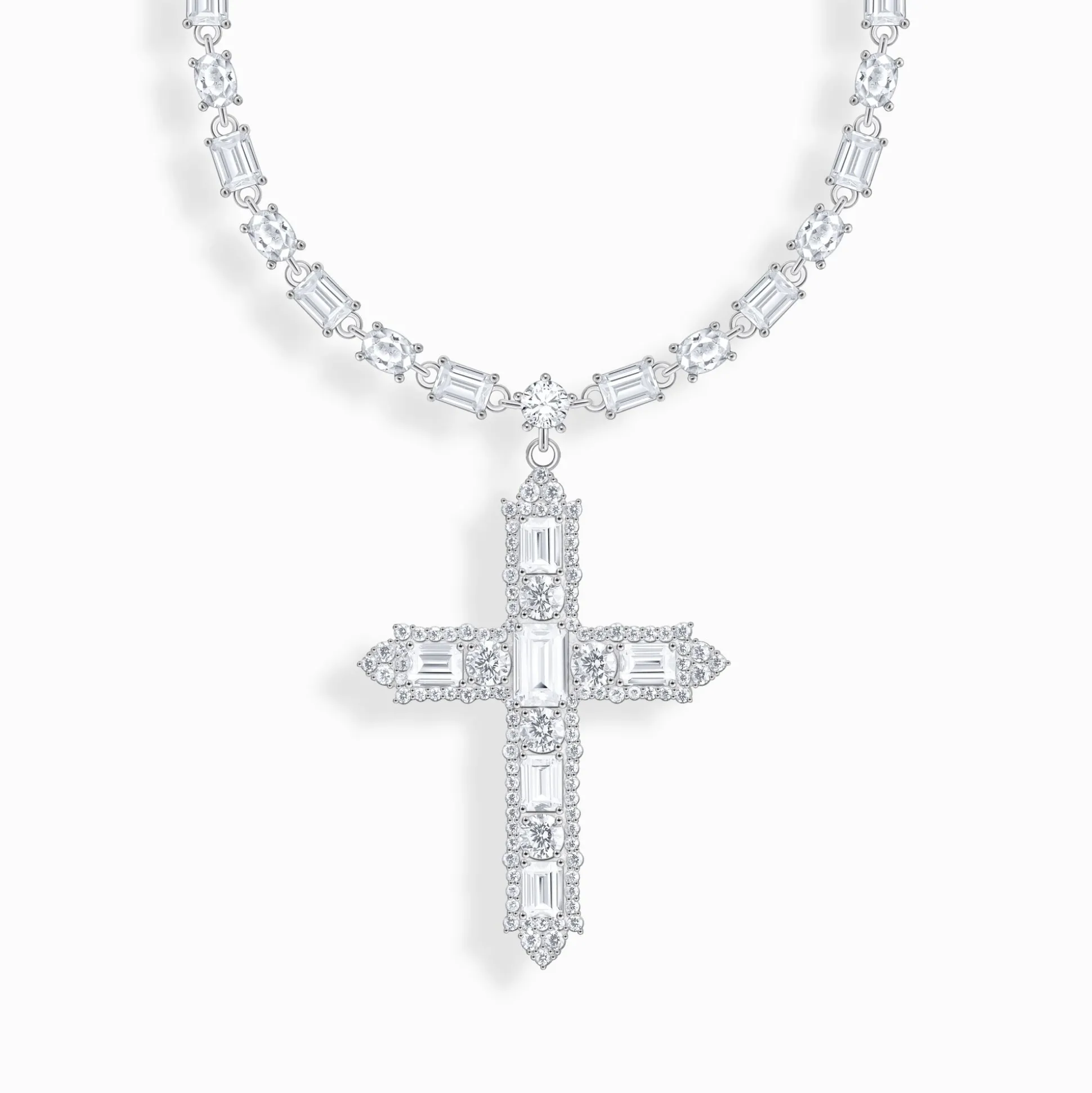 Best Kette mit Kreuzanhänger und weißen Steinen Silber Damen Halsketten|925 Silber