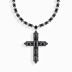 Fashion Kette mit Kreuzanhänger und schwarzen Steinen Silber geschwärzt Damen Halsketten|925 Silber