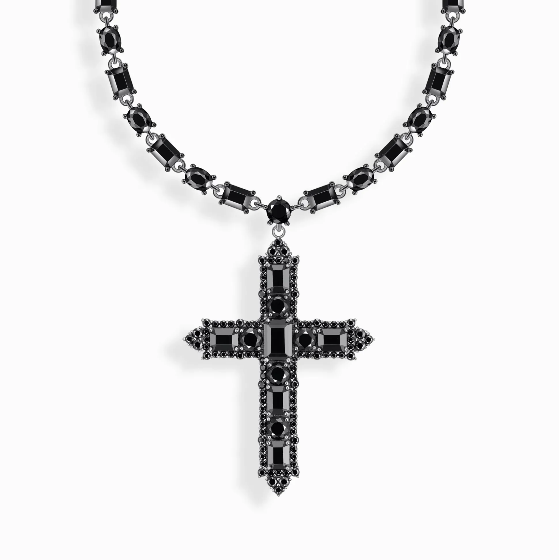 Fashion Kette mit Kreuzanhänger und schwarzen Steinen Silber geschwärzt Damen Halsketten|925 Silber