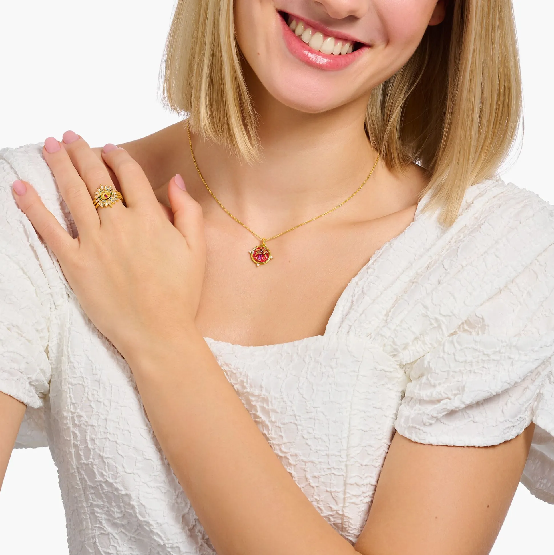 Best Kette mit Palmen-Anhänger und bunten Steinen vergoldet Damen Halsketten|18K Vergoldung - 925 Silber