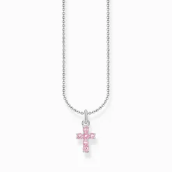 Fashion Kette mit rosafarbenem Kreuz-Anhänger Silber Damen Halsketten