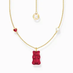 Sale Kette mit rotem Goldbären-Anhänger, Herz und Perle vergoldet Damen Halsketten|18K Vergoldung - 925 Silber
