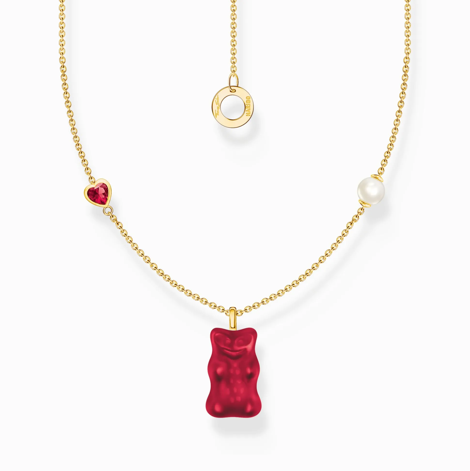 Sale Kette mit rotem Goldbären-Anhänger, Herz und Perle vergoldet Damen Halsketten|18K Vergoldung - 925 Silber