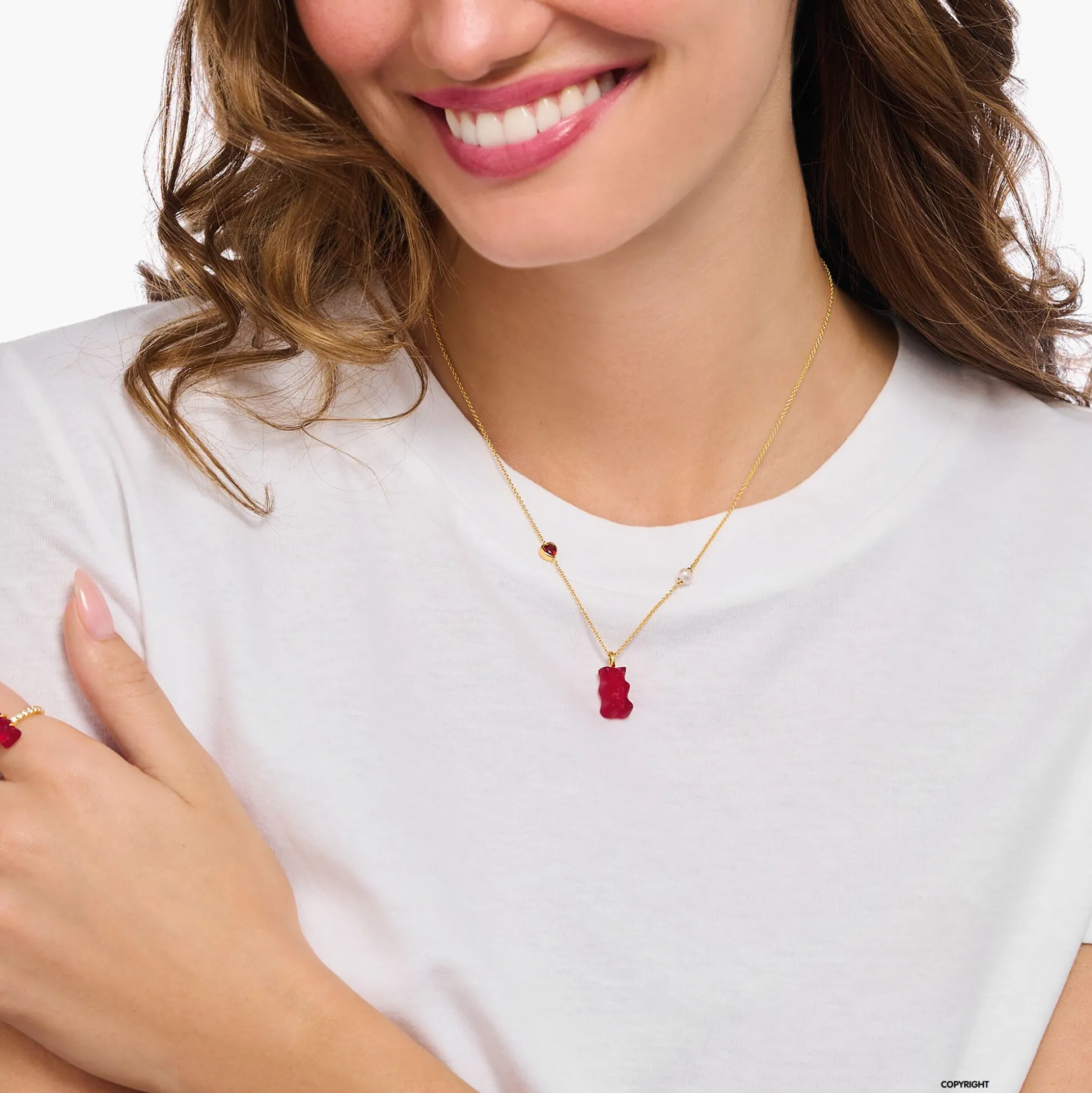 Sale Kette mit rotem Goldbären-Anhänger, Herz und Perle vergoldet Damen Halsketten|18K Vergoldung - 925 Silber