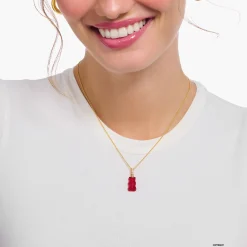 Best Kette mit rotem Goldbären-Anhänger und Steinen vergoldet Damen Halsketten|18K Vergoldung - 925 Silber