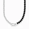 Discount Kette mit schwarzen Onyx-Beads und Kettengliedern Silber Damen Halsketten|Halsketten