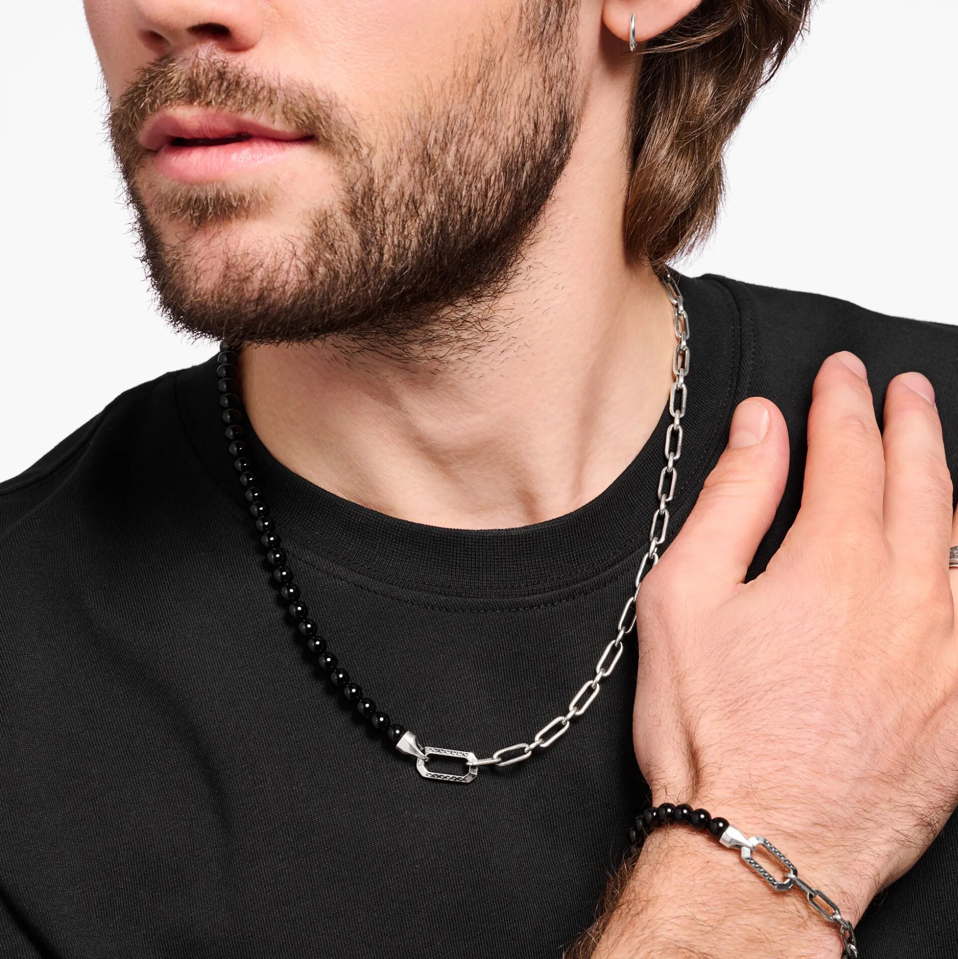 Discount Kette mit schwarzen Onyx-Beads und Kettengliedern Silber Damen Halsketten|Halsketten