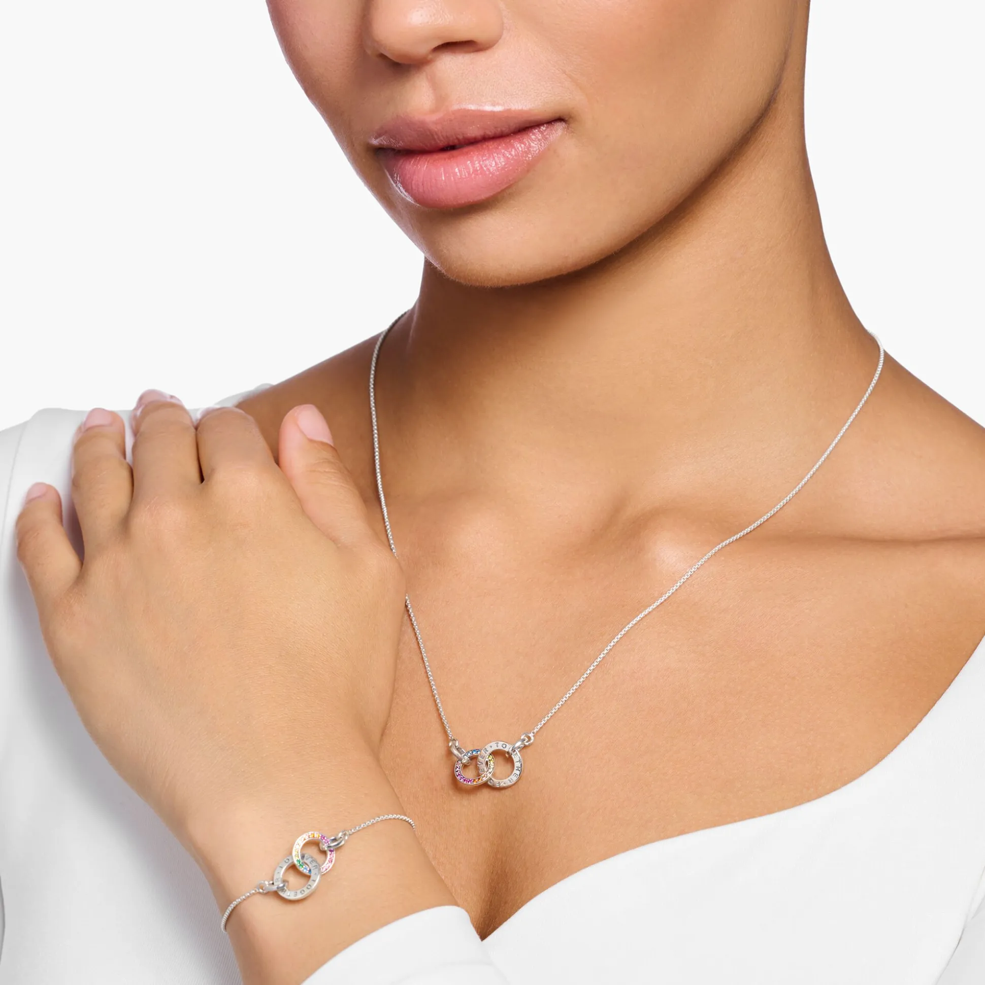 New Kette Together mit zwei Ringen bunten Steinen Silber geschwärzt Damen Halsketten|925 Silber