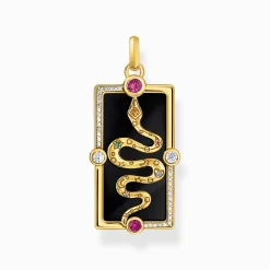 Sale Kettenanhänger Schlange mit schwarzer Kaltemaille und bunten Steinen vergoldet Damen Anhänger|18K Vergoldung - 925 Silber