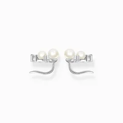 Online Ohrringe Ear Climber Perlen mit weißen Steinen silber Damen Ohrstecker|Ohrringe