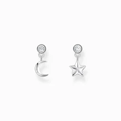 Clearance Ohrstecker mit Mond- und Stern-Anhänger und weißen Steinen Silber Damen Ohrstecker|925 Silber