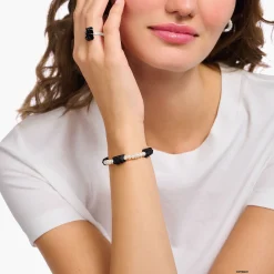 Discount Perlenarmband mit 5 schwarzen Goldbären Silber Damen Armbänder|Armbänder