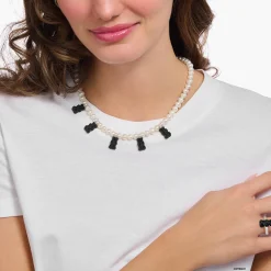 Outlet Perlenkette mit 5 schwarzen Goldbären Silber Damen Halsketten|Halsketten