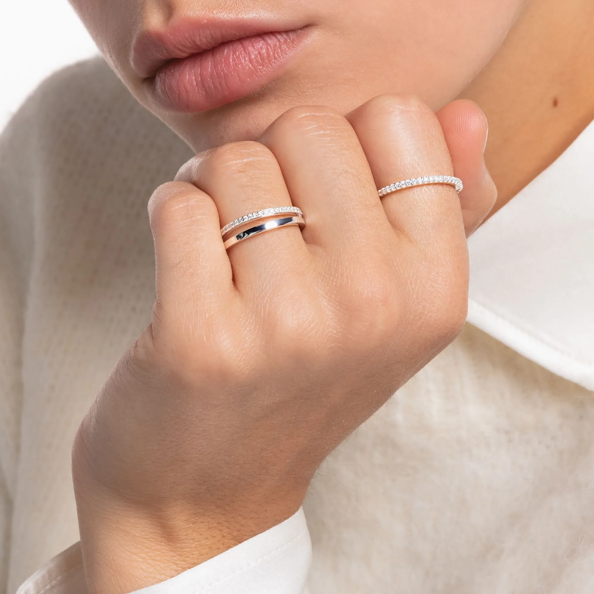 Online Ring doppelreihig weiße Steine silber Damen Ringe