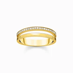 Best Ring doppelreihig weiße Steine gold Damen Ringe|18K Vergoldung - 925 Silber