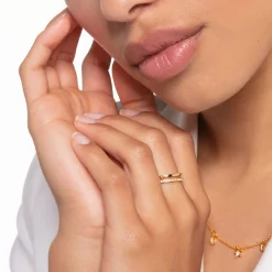 Best Ring doppelreihig weiße Steine gold Damen Ringe|18K Vergoldung - 925 Silber