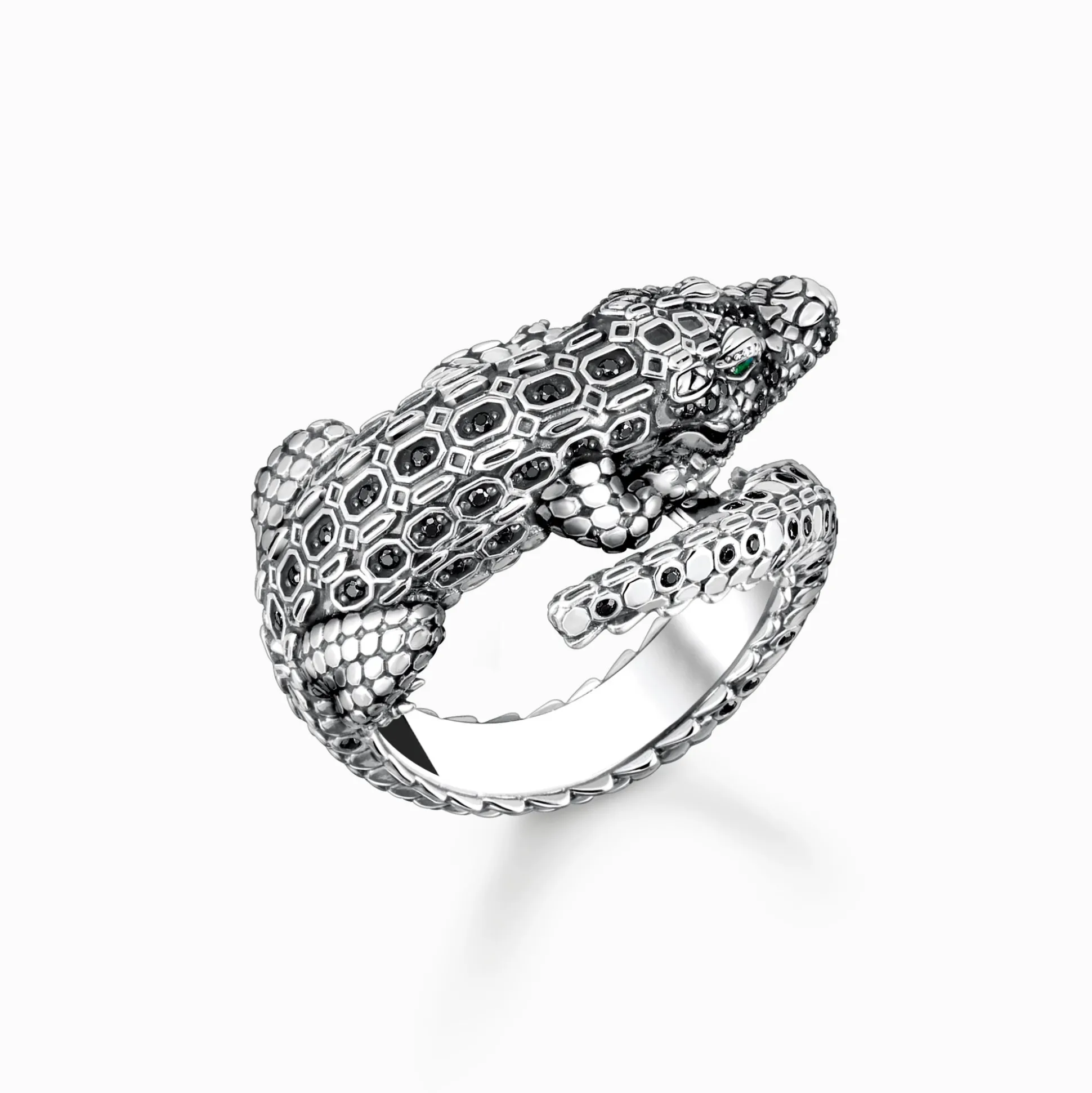 Fashion Ring Krokodil mit schwarzen und grünen Steinen Silber geschwärzt Damen Ringe|Ringe