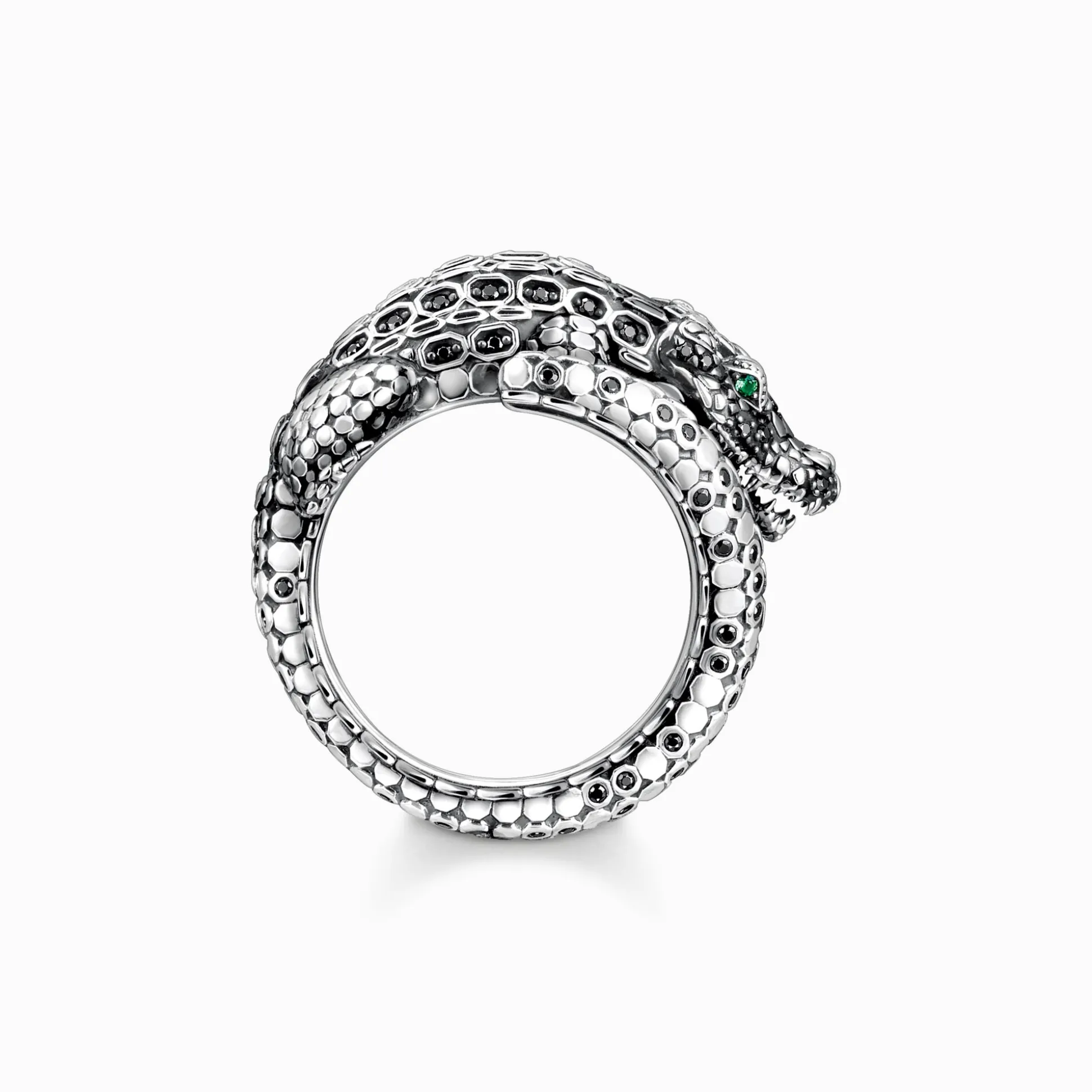 Fashion Ring Krokodil mit schwarzen und grünen Steinen Silber geschwärzt Damen Ringe|Ringe