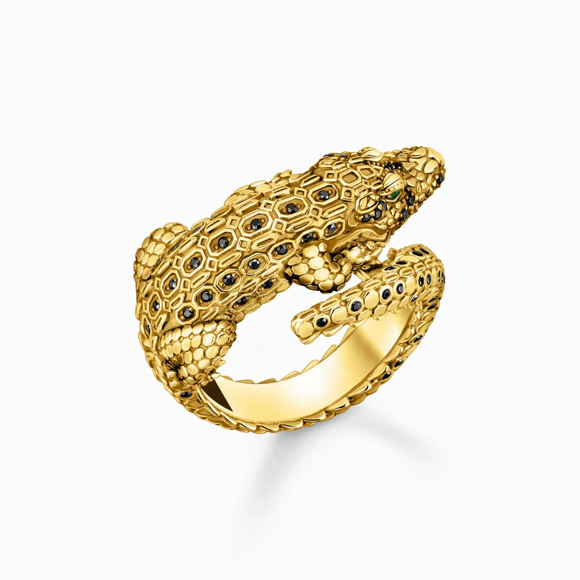 Outlet Ring Krokodil mit schwarzen und grünen Steinen vergoldet Damen Ringe|18K Vergoldung - 925 Silber