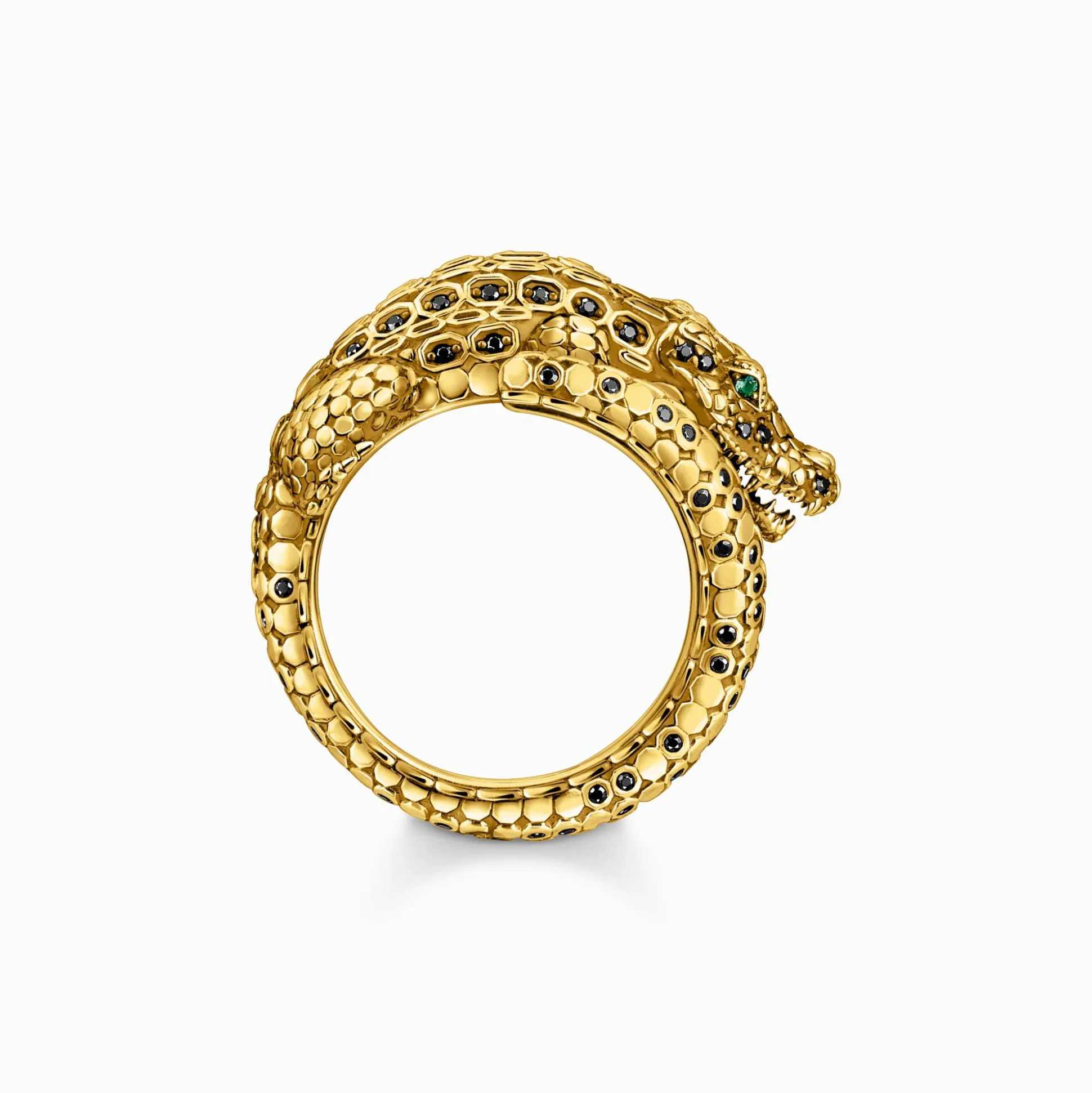 Outlet Ring Krokodil mit schwarzen und grünen Steinen vergoldet Damen Ringe|18K Vergoldung - 925 Silber