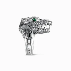 Fashion Ring Krokodilkopf mit schwarzen und grünen Steinen Silber geschwärzt Damen Ringe|Ringe