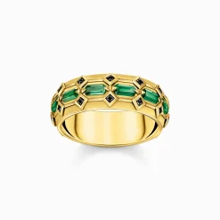 Outlet Ring Krokodilpanzer breit mit smaragdgrünen Steinen vergoldet Damen Ringe|18K Vergoldung - 925 Silber