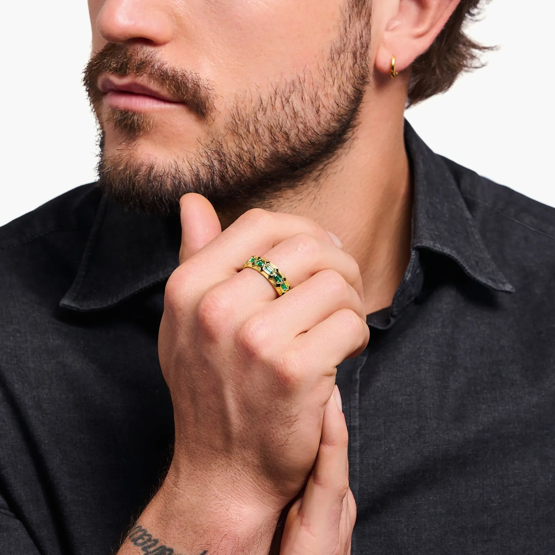 Outlet Ring Krokodilpanzer breit mit smaragdgrünen Steinen vergoldet Damen Ringe|18K Vergoldung - 925 Silber