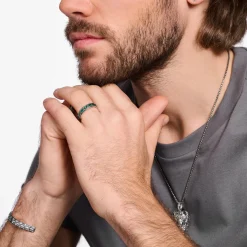 Fashion Ring Krokodilpanzer mit grünen Steinen Silber geschwärzt Damen Ringe|Ringe