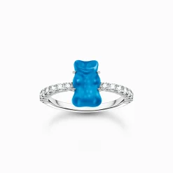 New Ring mit blauem Mini-Goldbären und Steinen Silber Damen Ringe|925 Silber