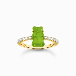 Shop Ring mit grünem Mini-Goldbären und Steinen vergoldet Damen Ringe|18K Vergoldung - 925 Silber