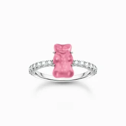 Sale Ring mit pinkem Mini-Goldbären und Steinen Silber Damen Ringe|925 Silber