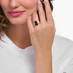 Fashion Ring mit schwarzem Goldbären und Steinen Silber Damen Ringe|Ringe