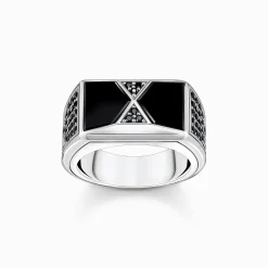 Store Ring mit schwarzem Onyx und schwarzen Steinen Silber Damen Ringe|Ringe