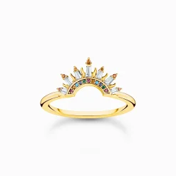 Outlet Ring mit Sonnenstrahlen und bunten Steinen vergoldet Damen Ringe|18K Vergoldung - 925 Silber