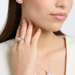 Cheap Ring Perlen mit weißen Steinen silber Damen Ringe