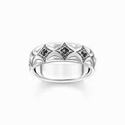 Online Ring Rautenmuster mit schwarzen Steinen Silber geschwärzt Damen Ringe|Ringe