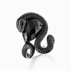 Clearance Ring Schlange mit großem schwarzen Stein Silber geschwärzt Damen Ringe|925 Silber