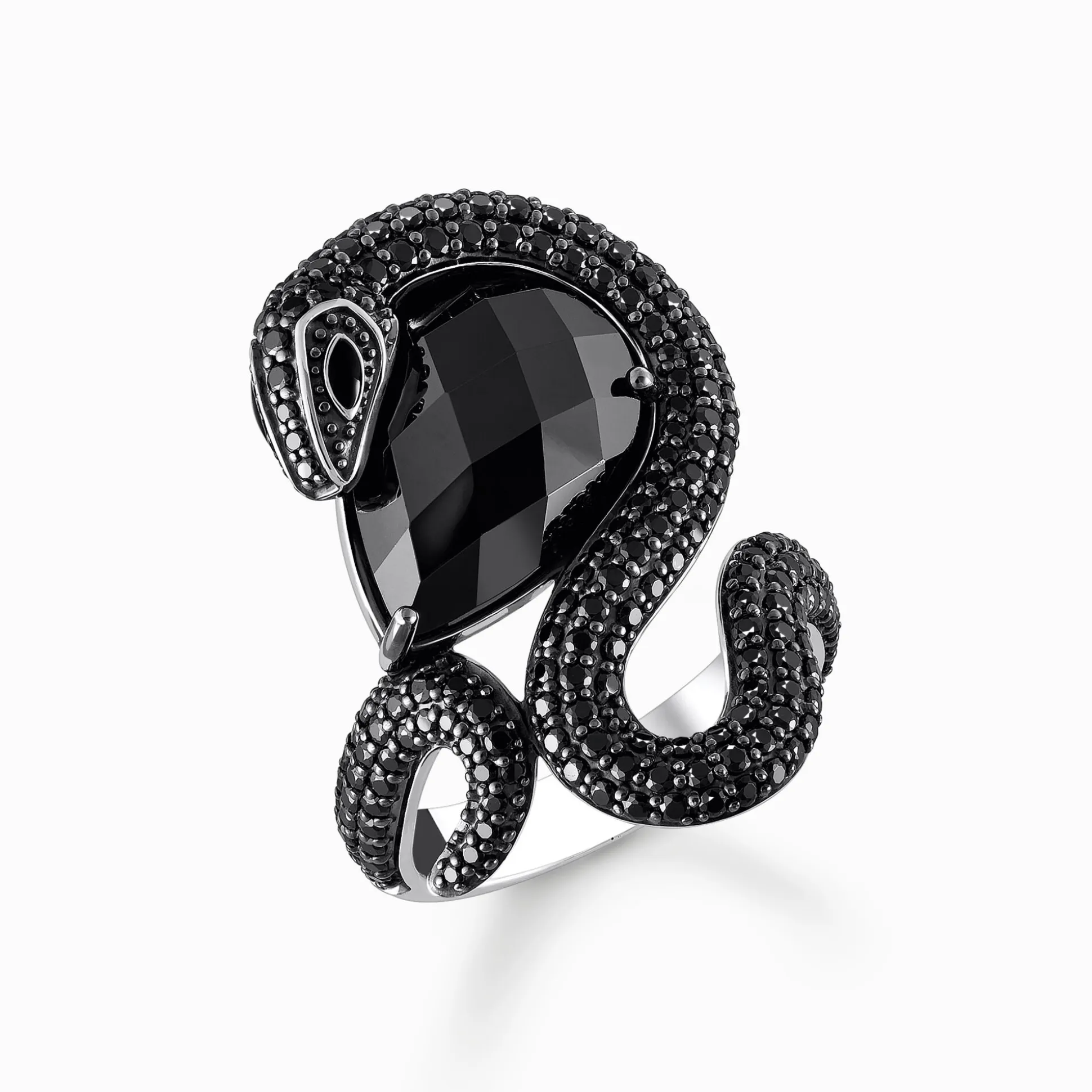 Clearance Ring Schlange mit großem schwarzen Stein Silber geschwärzt Damen Ringe|925 Silber