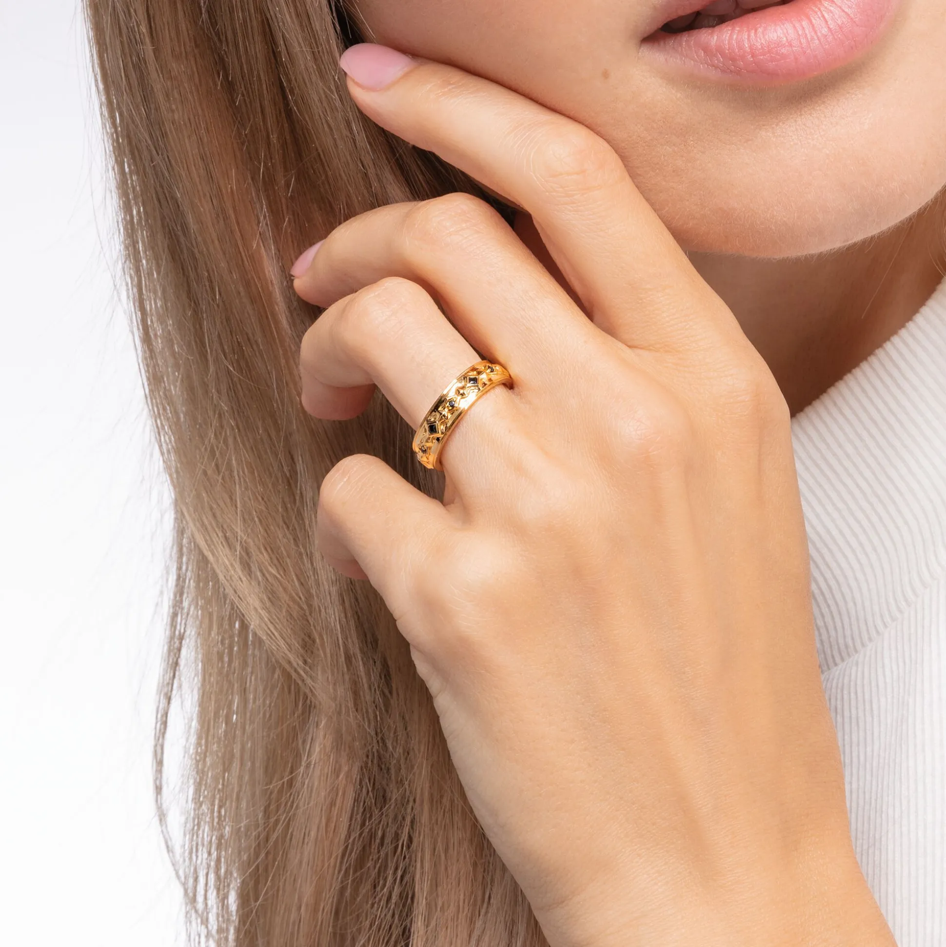 Clearance Ring schwarze Steine gold Damen Ringe|Ringe