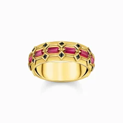 Outlet RingKrokodilpanzer breit mit roten Steinen vergoldet Damen Ringe|18K Vergoldung - 925 Silber