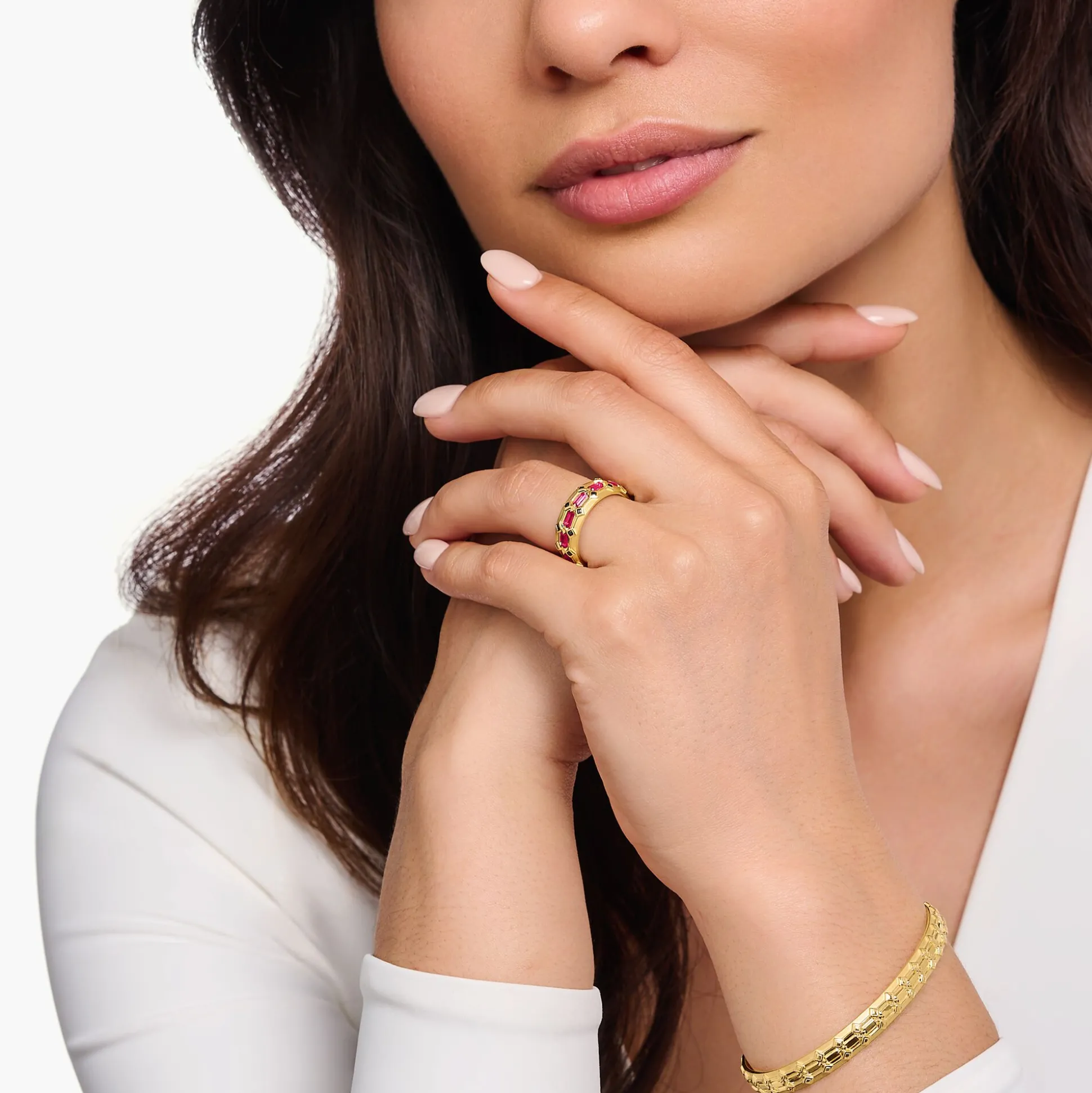 Outlet RingKrokodilpanzer breit mit roten Steinen vergoldet Damen Ringe|18K Vergoldung - 925 Silber