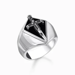 Sale Siegelring mit Schwert und schwarzen Steinen Silber geschwärzt Damen Ringe|925 Silber
